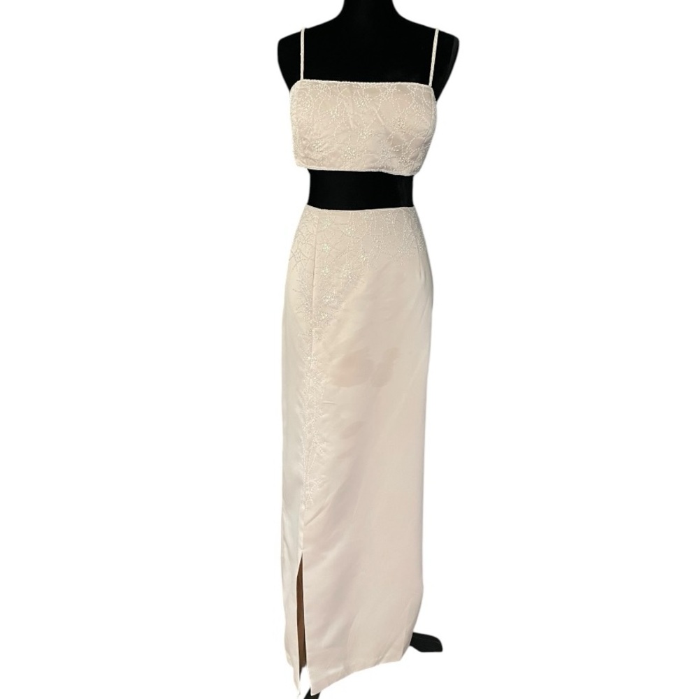 Milano Vintage Women’s Two Piece Maxi Dress L Beaded Prom Formal Champagne Y2k
